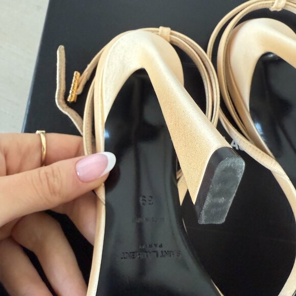 NWB Saint Laurent Lila Sandals Beige Satin Ankle Strap High Heels Sz 39 - Picture 15 of 15
